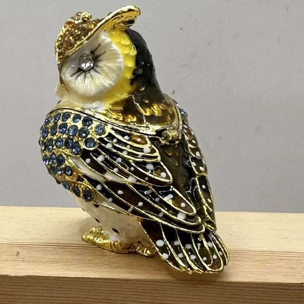 Charming Owl Jeweled Enameled Trinket Box Rhinestone Magnetic Closure Gold-Tone